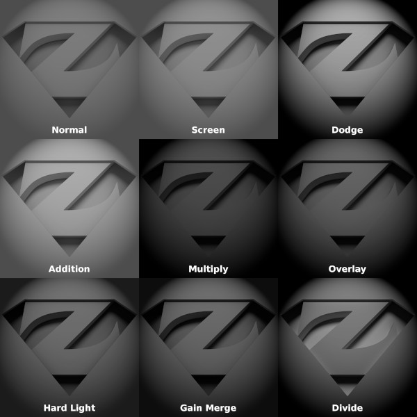 A 9-piece array of
    composite images with labels, representing the following modes: Normal,
    Screen, Dodge, Addition, Multiply, Overlay, Hard Light, Gain Merge, Burn.