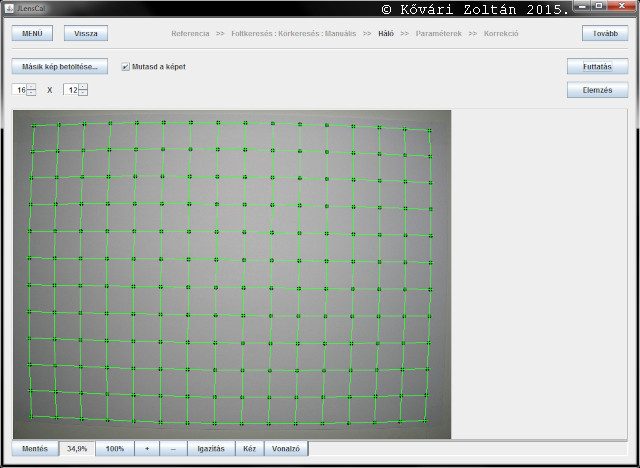 Screenshot from a
program showing dots connected as a grid, with observable distortion.