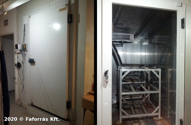 Two-part image, first
showing a thick and heavy door with cables and instruments on the side,
and the second depicting the inside of a chamber with some equipment and
metal racking.