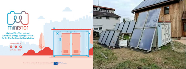 Two 
    side-by-side images, a photo of solar panels and an equipment container 
    set up besides a house, and the other showing a stylized version of the 
    container from a promotional material, with a label saying 'Minimal Size
    Thermal and Electrical Storage System for In-Situ Residential 
    Installation'.