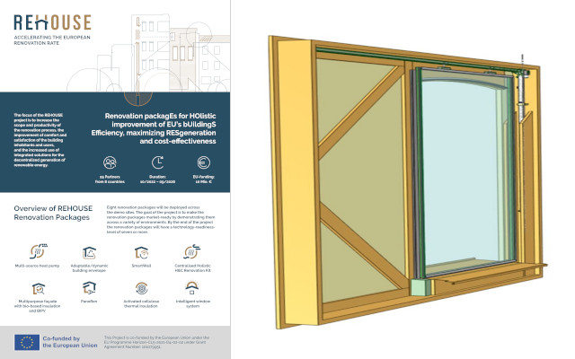 Two 
    side-by-side images, a CAD drawing of a sliding window, and a scaled-down 
    version of a promotional flyer, with a label saying 'Renovation packagEs
    for HOlistic improvement of EU's bUildingS Efficiency, maximizing 
    RESgeneration and cost-effectiveness'.
